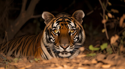 A tiger illuminated by moonlight its glowing eyes piercing through the shadows.