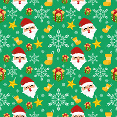 Cute seamless of gift box with yellow sock and golden star and Santa Claus red hat on white snowflake and starburst on green wallpaper and vector background. Christmas and new year holiday concept