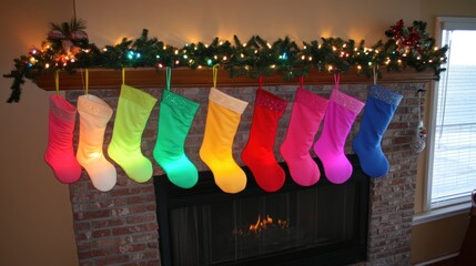 A row of colorful, illuminated Christmas stockings hanging on a rustic brick fireplace with garlands above.