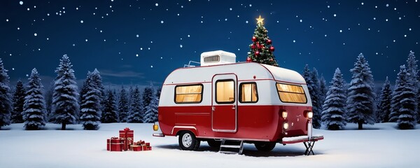 Cozy vintage caravan decorated for Christmas in a snowy forest at night