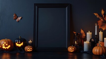 Black vertical frame on dark wall, surrounded by candles and pumpkins, creating a spooky Halloween vibe
