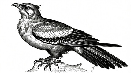 Naklejka premium Intricate black and white illustration of a majestic bird with detailed feathers. This artistic representation showcases the beauty and elegance of avian nature through expert linework and shading.