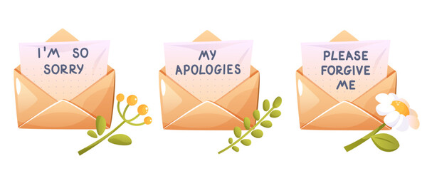 Vector set of handwritten apology letters on paper and in open craft envelope, forgive me please, I am so so so sorry. With green plants and flowers. Beautiful message sorry, regret, beg your pardon.