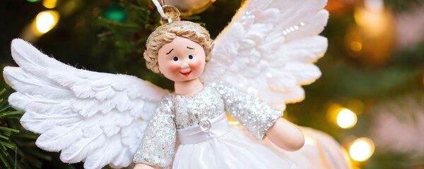 Decorative angel ornament on Christmas tree adorned with lights and festive decorations in a cozy indoor setting