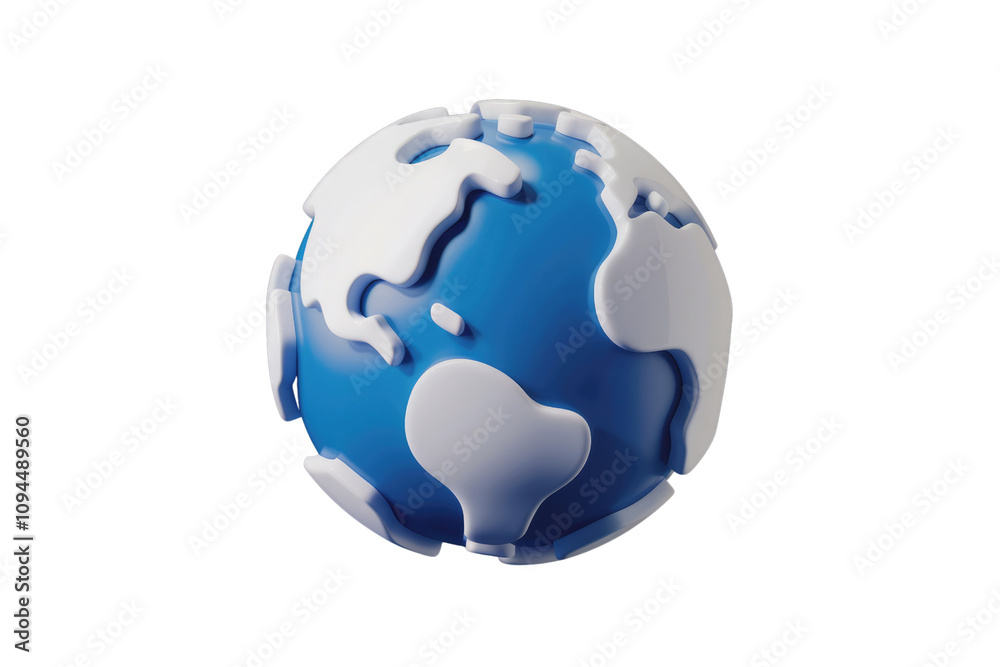 Poster blue earth globe with simplified continents in 3d render.