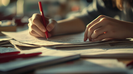 A teacher grading and reviewing essays at a desk covered with papers and red pens.
