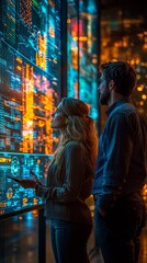 Fototapeta premium Virtual Business Merger Discussion with Data Projection Around Businesspeople