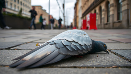 Torn pigeon wing lying on the paving slabs in the city. Bird flu. Sadists.