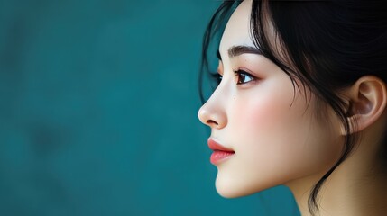 Fototapeta premium Elegant Profile of a Young Woman in Soft Lighting