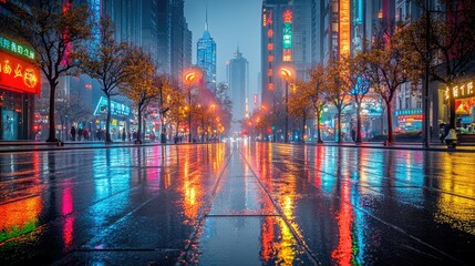 Vibrant City Street at Night During Rainfall