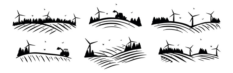 sketch of fields with hills vector landscape. collection of fields hills and windmills vector sketch silhouette