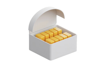 White box with open lid  yellow blocks neatly arranged.