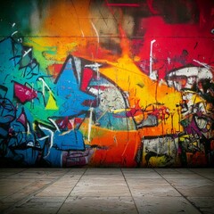 Fototapeta premium Colorful urban graffiti artwork with bold splashes of red, blue, yellow, and green on a textured wall above tiled flooring.