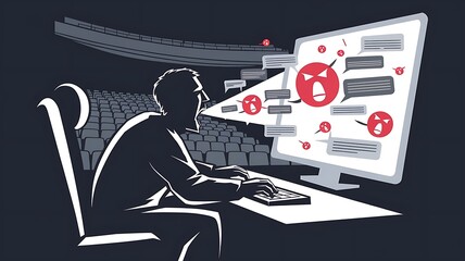 Cyberbullying:  A lone figure sits in a dark auditorium, facing a computer screen filled with angry messages, illustrating the isolating and harmful effects of online harassment.  