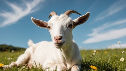 A charming white goat gazes curiously into the camera while lounging on lush green grass under a sunny sky.