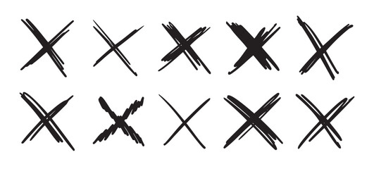 Doodle scribble crosses to cross out or mark text set. X sign sketch style. denial signs isolated on white background.