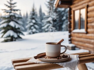 Warm spiced tea with cinnamon sticks on a snowy winter day by a cozy wooden cabin.
