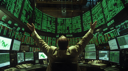 A trader celebrating in a bustling stock exchange filled with green screens and upward arrows.