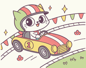Kawaii Cat Driving a Racing Car