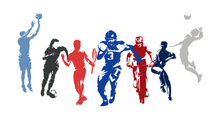 Sports, group of active people. Active men and women. Team and individual sports athletes, set of isolated vector silhouettes