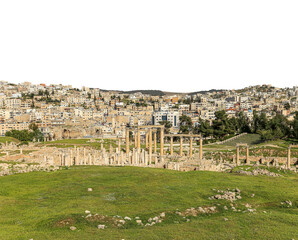 Roman ruins (carved on white background) in the Jordanian city of Jerash (Gerasa of Antiquity), capital and largest city of Jerash Governorate, Jordan