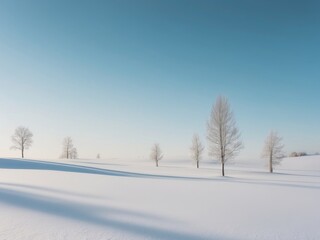 Fototapeta premium A snowy landscape with a blue sky and a few trees.