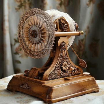 Ornate wooden bobbin lacemaker with spool.