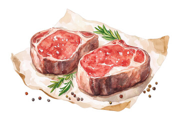 Obraz premium Watercolor clipart of two raw ribeye steaks on rustic paper kitchen setting culinary art natural lighting food concept, transparent background