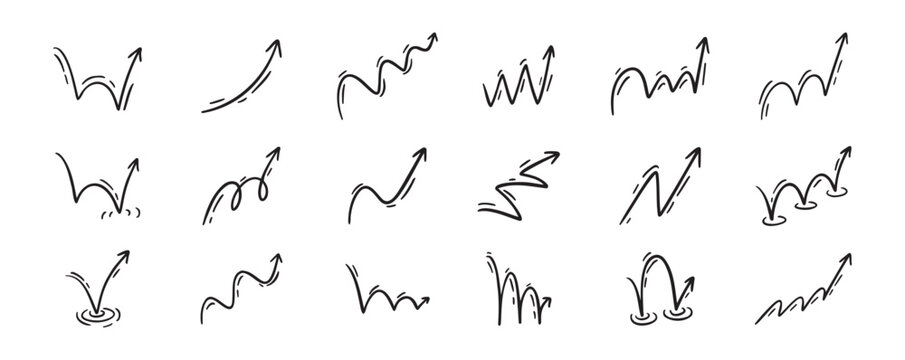 Bounce effect arrows doodle set. Manga and comic stile arrow design elements. Ball jump trajectory, ball motion expression
