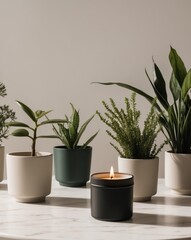 Fototapeta premium Aroma scented candle in black tin cup lighting on the white marble table with plants 6.