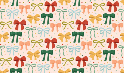 Seamless background with colorful cute bows. Vector pattern with trendy ribbons and dots.