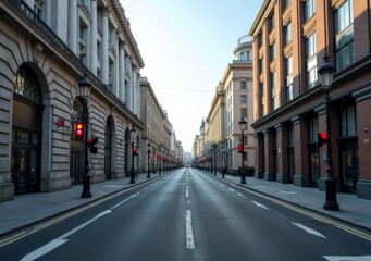 Fototapeta premium Empty street with traffic lights and historic buildings in a city during early morning hours