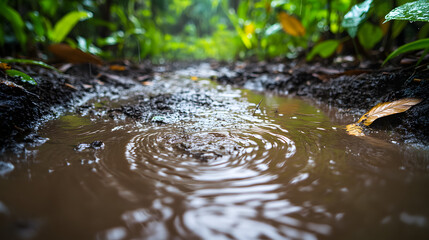 Fototapeta premium A tropical rainstorm in the jungle with water streaming off leaves and creating ripples in a muddy path.