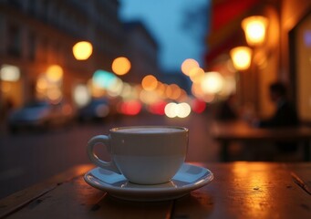 Obraz premium Cozy evening coffee on a bustling street with soft lights and blurred background