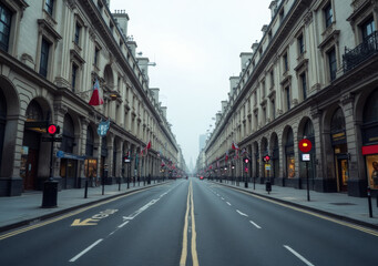 Obraz premium Quiet urban street lined with historic buildings and flags under an overcast sky