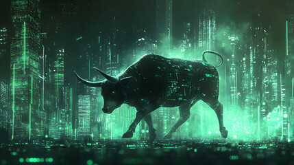 A vibrant 3D rendering of a bull charging through a futuristic cityscape filled with green lights.