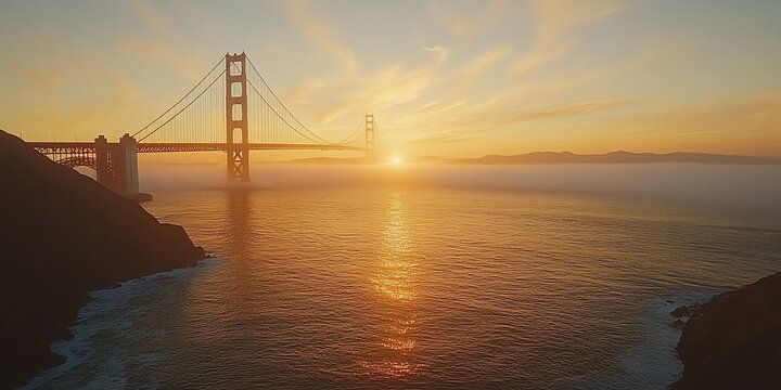Golden Gate Bridge silhouette at sunset with fog and sun rays reflected on the water.