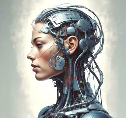 Technology illustration of cyborg with brain connections.