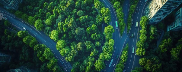 Aerial view of eco-smart city interconnected with green transport and renewable energy solutions