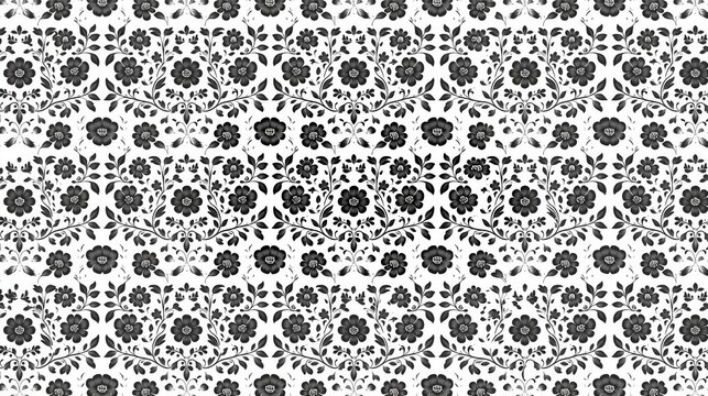 Seamless black and white Gzhel ornament, featuring stylized flowers, swirls, and paisley motifs, arranged in a repetitive and balanced traditional Russian pattern 