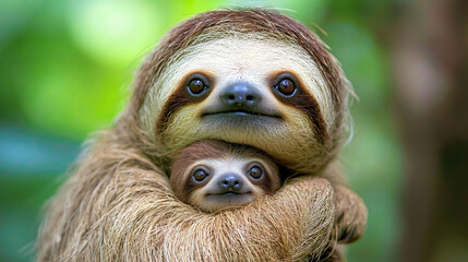 Naklejka premium A baby sloth clinging to its mother in the jungle, slowly developing its climbing skills.