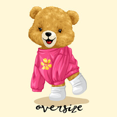 Adorable Teddy Bear in Oversized Pink Outfit with Flower Design