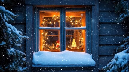 A snow-kissed window adorned with a starry garland and glowing Christmas decorations inside.