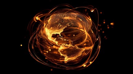 Fototapeta premium Dynamic Global Travel Concept - 3D Render of Rotating Globe with Abstract Swirling Lines and Luminous Dots