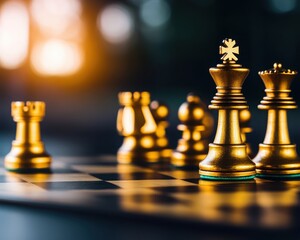 Close-up of elegant golden chess pieces on a board, highlighting strategic thinking and relaxation in a serene environment.