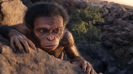 Homo Naledi Climbing a Cliff at Sunset, Demonstrating Early Hominid Agility and Survival Instincts