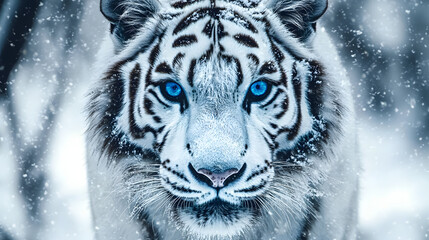 A white tiger with striking blue eyes staring into the lens framed by snowy surroundings.