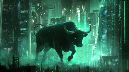 A vibrant 3D rendering of a bull charging through a futuristic cityscape filled with green lights.