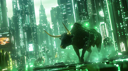 A vibrant 3D rendering of a bull charging through a futuristic cityscape filled with green lights.