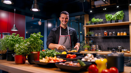 A vibrant cooking show set with a chef presenting a colorful array of ingredients.